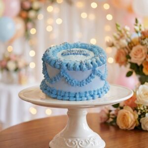 Vintage Style Blue & White Birthday Cake
