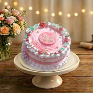 Vibrant Pink Swirl & Red Rose Birthday Cake